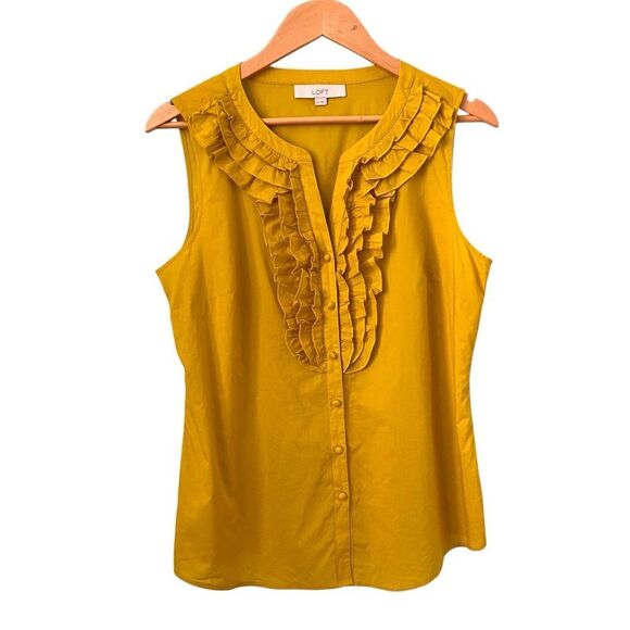 LOFT Mustard Yellow Ruffle Sleeveless Top in Size Medium - Picture 1 of 7